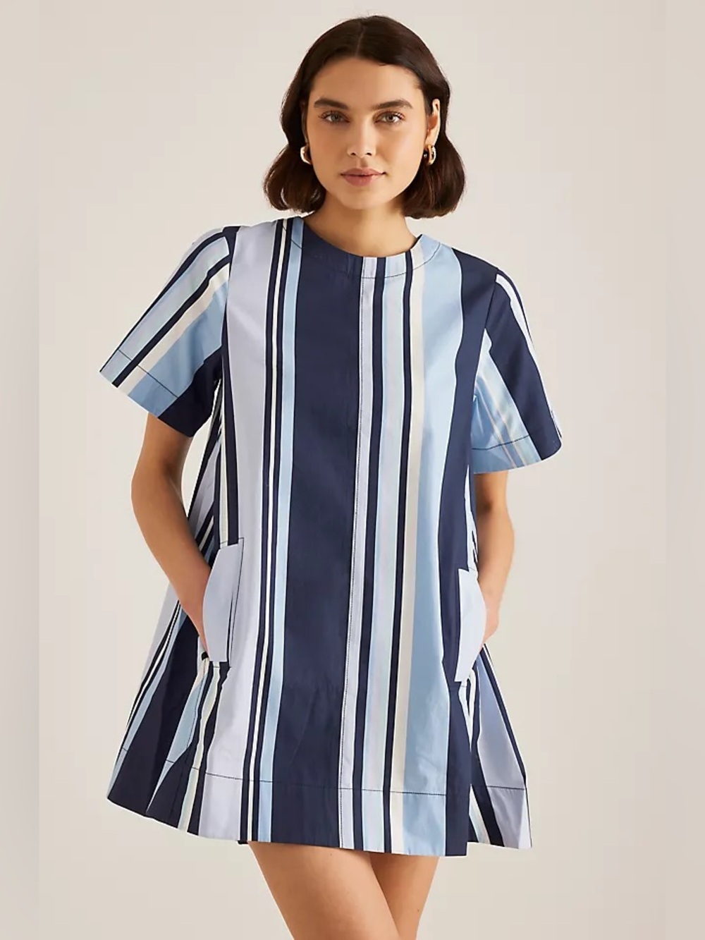 Maeve Anthropologie Emmy Short-Sleeve Swing Stripes Mini Dress Blue Large